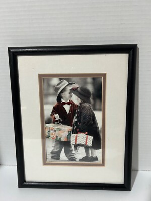 Vintage Figi Graphics Black & White Print Boy & Girl w/Gift Box Framed Matting