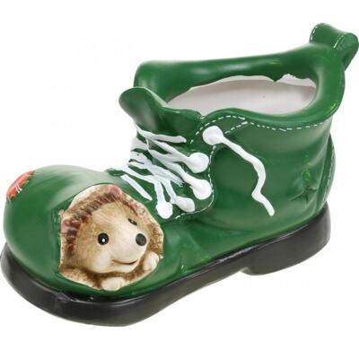 Übertopf Deko, grüner Schuh mit Igel, Keramik Blumentopf Pflanzgefäß 14x13cm