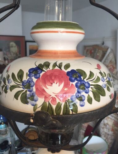 French Farmhouse Ceiling Lamp with Handpainted Ceramic Base and Shade