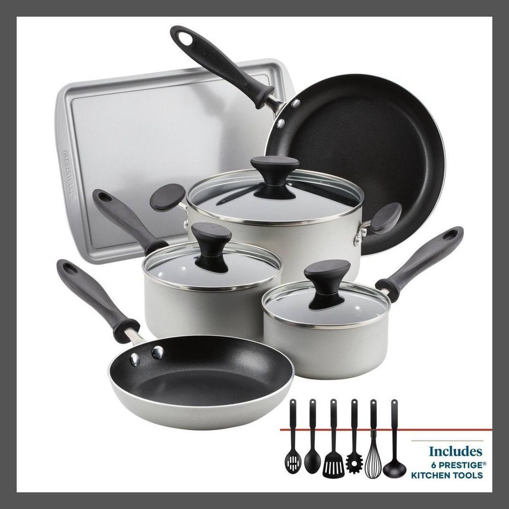 Farberware 15pc Aluminum Nonstick Cookware Set Tools Silver