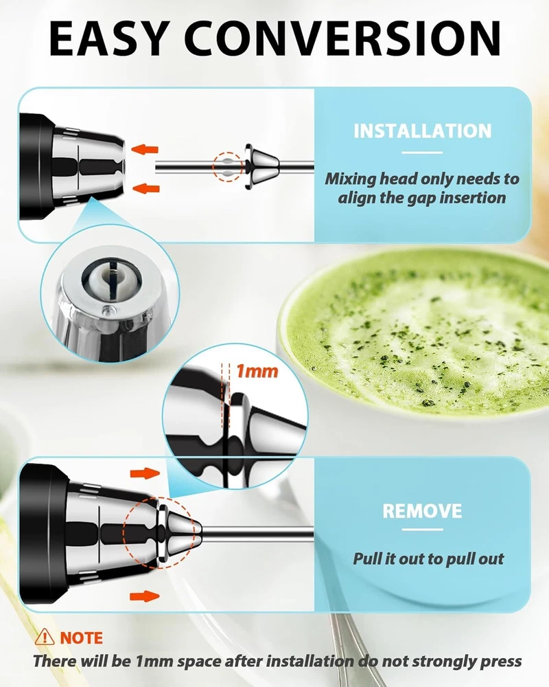 Milk Frother w/ Stand Rechargeable-Handheld Frother w/ 3 Stainless Whisk-3 Speed