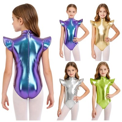 Kids Girls Dancewear Leotard Costume Mock Neck Metallic Ballet Competition Jazz
