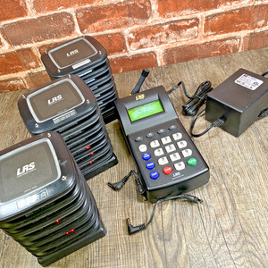 LRS Pager Lot – TX-7470 Transmitter, 21 Coaster Pagers, Untested, For Parts