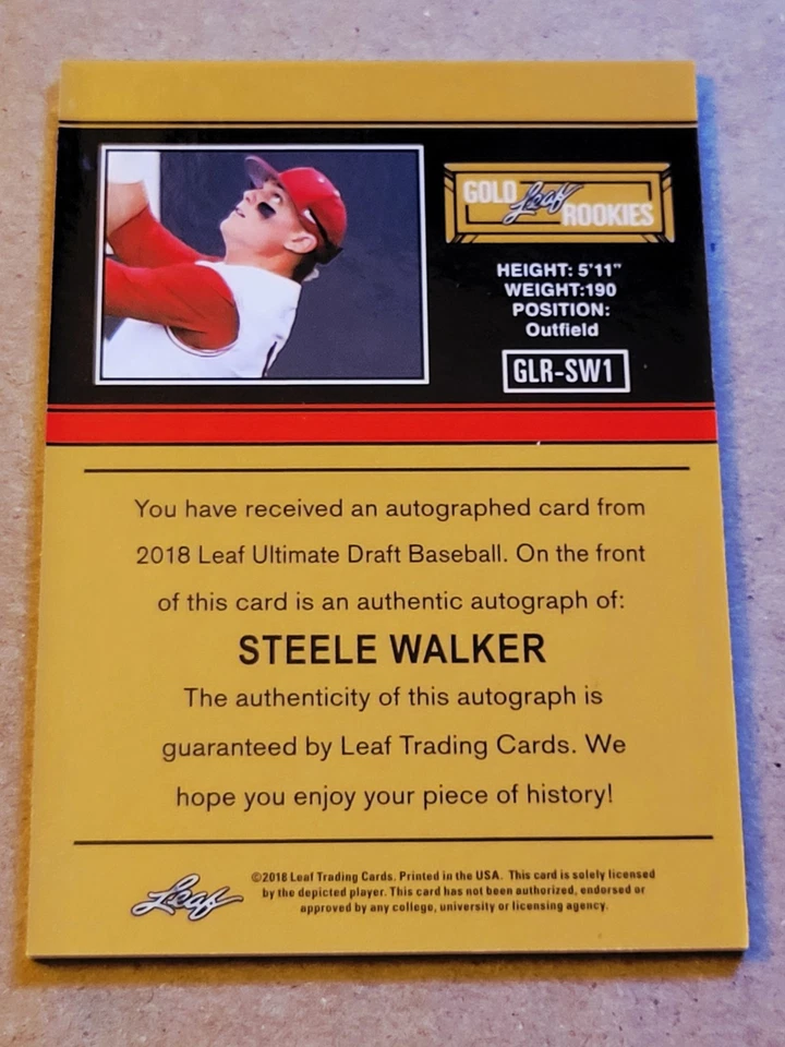2018 Leaf Ultimate Draft Steele Walker On-Card Auto #GLR-SW1 Texas Rangers - Image 2 of 2