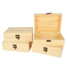 4 Pack Unfinished Wooden Box, Wooden Box With Hinged Lid, Small Bulk Wood Boxes