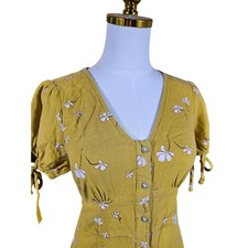 Universal Thread Mustard Yellow Floral Linen Blend Button Front Midi Dress M