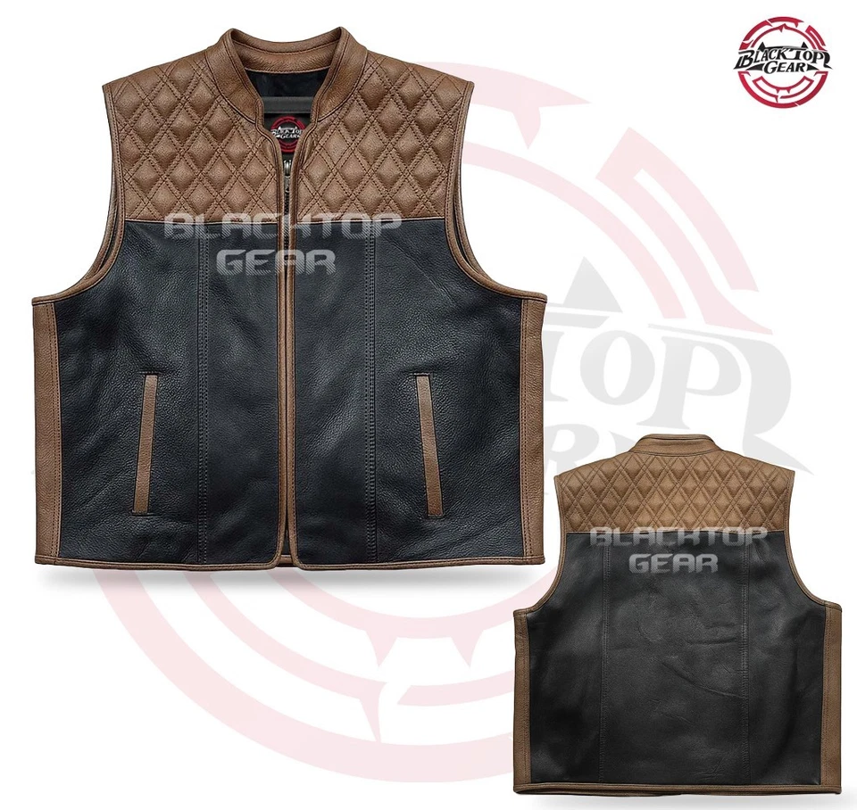 Мужская бриллиант выстеганный мотоцикла кожаный жилет черный коричневый мотоциклиста клуб стиль талии - Изображение 2 из 4