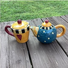 Sakura Hand Painted Ceramic Teapot and Sugar Bowl Set Whimsical Heart Polka Dot