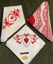 Vintage Lot of 3 Valentines Hankies Hankerchiefs Embroidered Red White Hearts