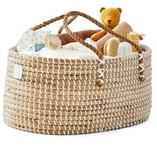 Premium Baby Diaper Caddy Organizer - Handmade - Seagrass Basket With Natural