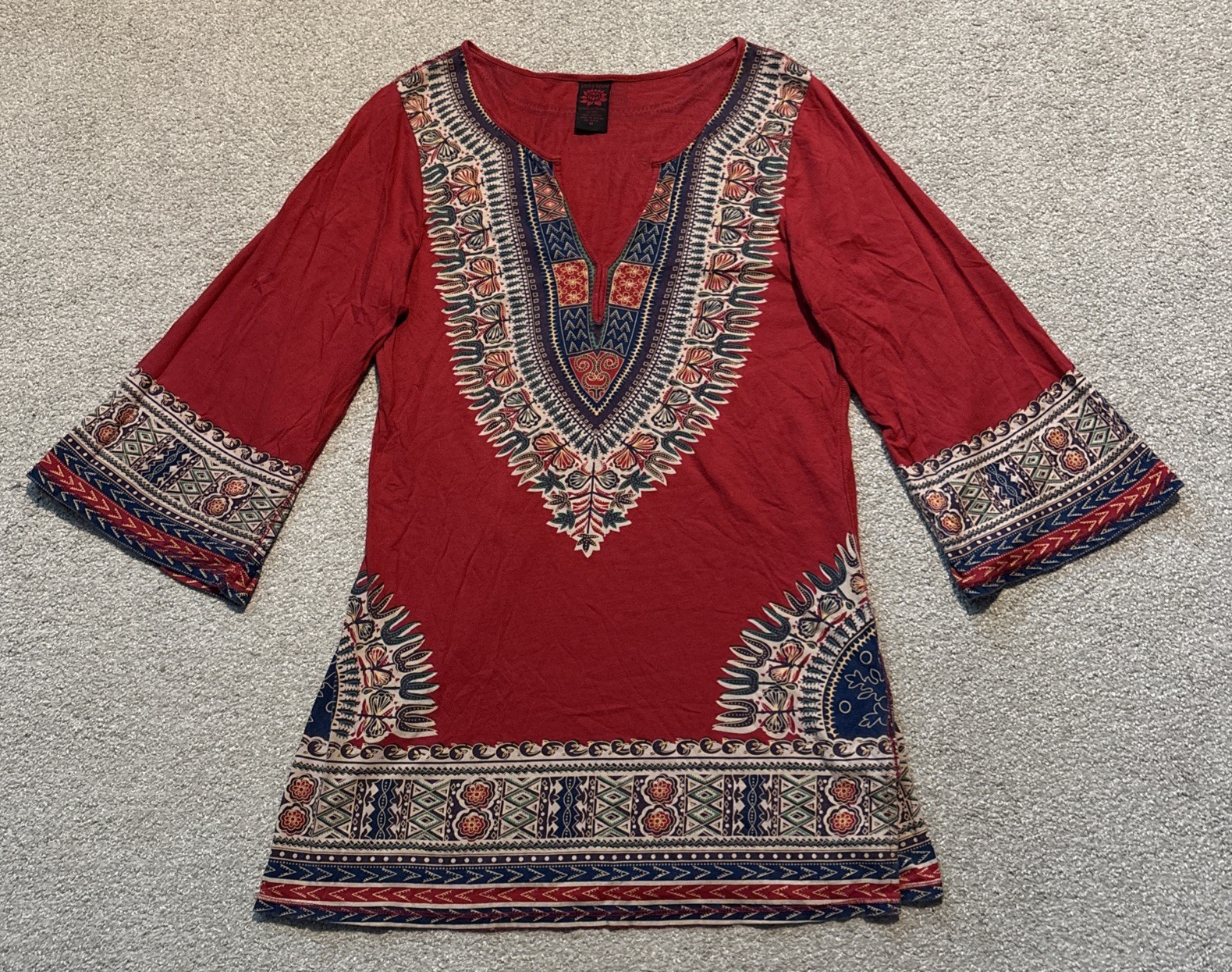 Lucky Brand Womens 100% Cotton Top Tunic Side Slits Sz M Red Multi 3/4 Sleeve
