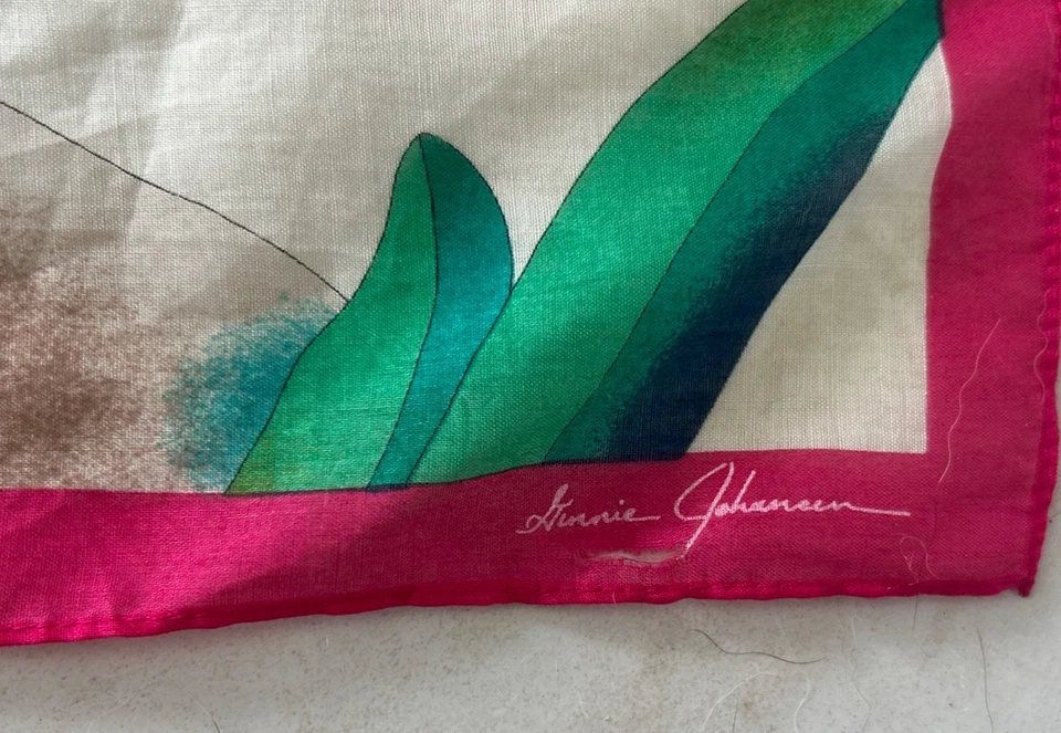 Bufanda vintage Ginnie Johansen aves tropicales flores algodón hecha en Japón 34 pulgadas Foto 4 de 4