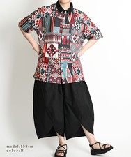 Unisex Oversized Patterned Open-Collar Short-Sleeve Shirt