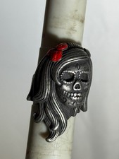 Stainless Steel Sugar Skull Lady Ring   Red Bow Detail   Gothic Day of the Dead
