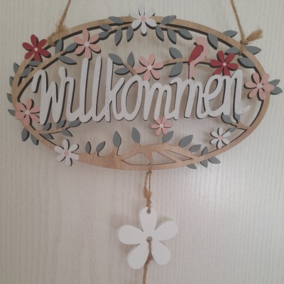 Deko Holz-Schild ''Willkommen'' mit Blümchen für die Haustüre, NEU