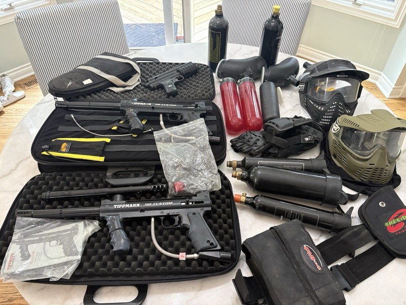 Two Tippmann 98 Custom & Sheridan PGP guns Lot w/ Hard Cases Tanks Hoppers Masks