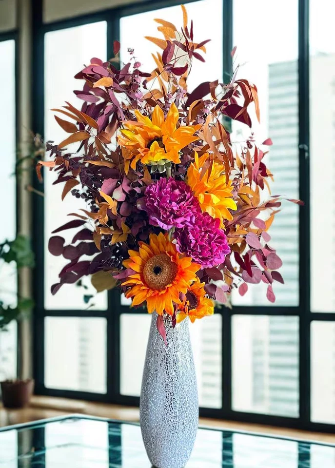 Centro de mesa de boda girasol borgoña malva salón comedor decoración acento Foto 3 de 4