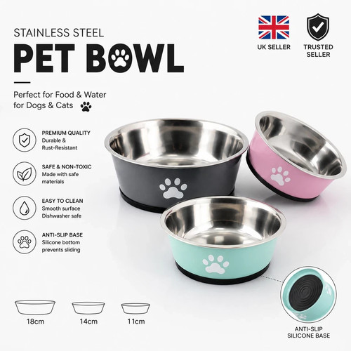 Stainless Steel Pet Bowl Anti-Slip Dog Cat Feeding Bowl Feeder Food Water UK