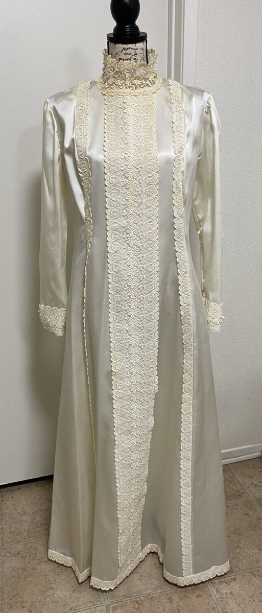 Vintage Dress Cream Long Satin Lace 60s 70s Mock Neck Victorian Wedding Romantic Vintage Dress Cream Long Satin Lace 60s 70s Mock Neck Victorian Wedding Romantic
