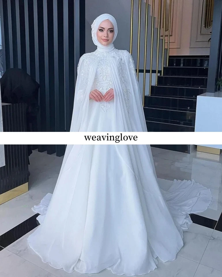 Vestidos de novia musulmanes cuello alto mangas largas apliques de gasa vestidos de novia Foto 3 de 4