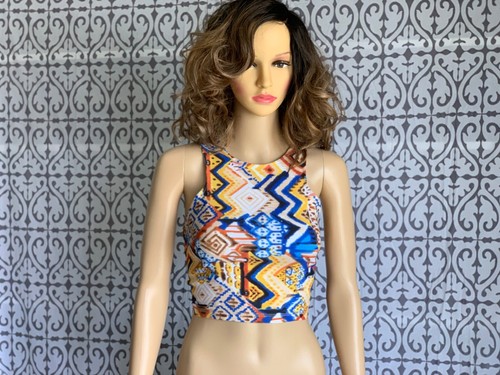 Yellow Multi Color Aztec Pattern Halter Sleeveless Racer Back Crop Top Shirt L - Picture 3 of 4