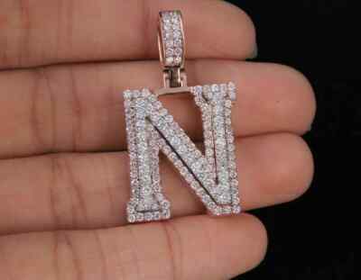 2.00Ct Diamond 3D Custom Initial 'N' Letter Pendant Charm 14K Rose Gold Over