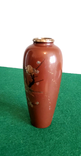 Antike Japan kupfer Vase handgeschnitzt Blumen Vogel muster Teilweise versilbert - Bild 4 von 8