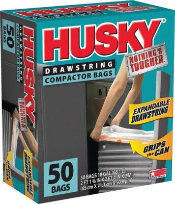 NEW ''HUSKY'' HK18XDS050W BOX OF (50) 18 GAL KITCHEN TRASH COMPACTOR BAGS 8510497