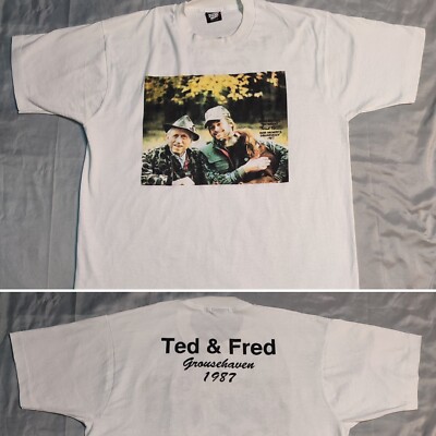 Ted Nugent and Fred Bear White Mens T-Shirt Ted & Fred Grousehaven 1987