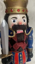Vintage King Leopold 15” Wooden Nutcracker With Sword & Blue Velvet Cape