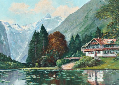 A. Blaetter - Landscape With Lake And Mountain, Germany, Oil On Canvas Painting - Picture 2 of 6
