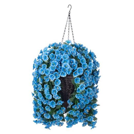 Artificial Fake Hanging Flowers Plants with Basket for Outdoor Decor, Faux Blue
