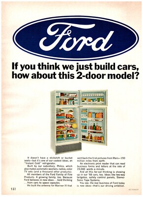 1966 Ford Print Ad, Instant Cold Refrigerator 2-Door Model Think Just Build Cars