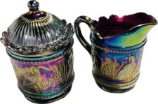 Mosser Amethyst Carnival Glass Sugar Bowl  Creamer Stork  Rushes Marked