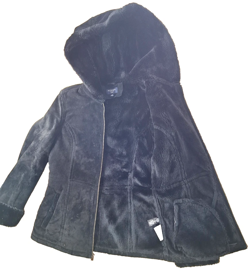 Sonoma 100% Leather Suede Coat Black Womens MEDIUM Hooded Faux Fur Trim Lined - Image 3 of 4