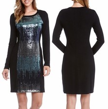 Karen Kane 4L42179 Waterfall Sequin Front/Black Stretch Knit Panel Dress - $138