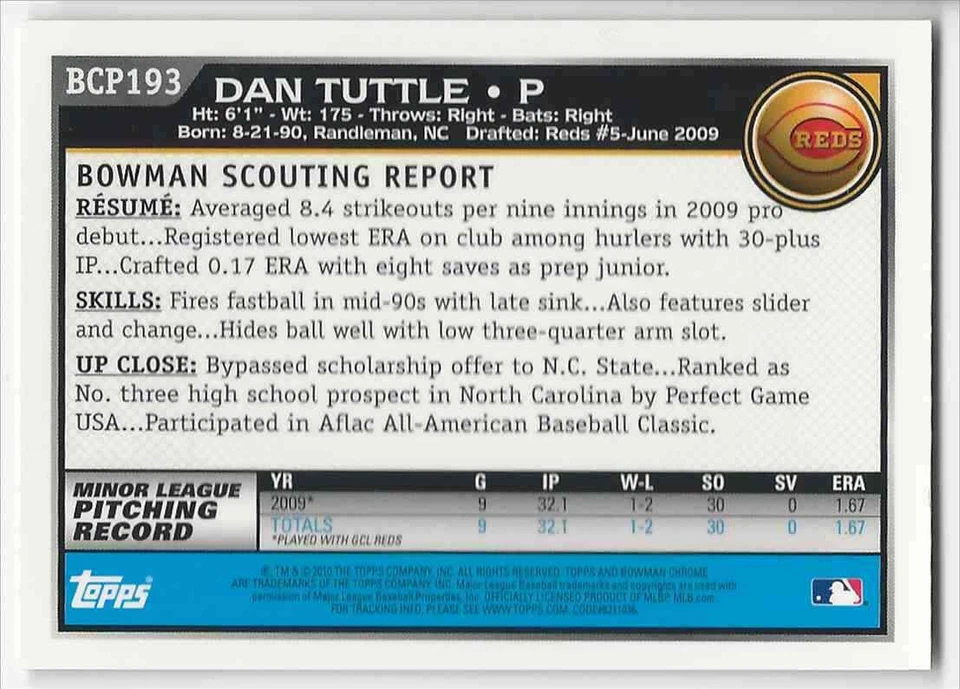 2010 Bowman Chrome Prospects Dan Tuttle Auto Cincinnati Reds #BCP193 - Image 2 of 2