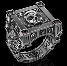 Argentium Silver Gothic Vampire Skull Men's Biker Ring Oxidized Unique Design