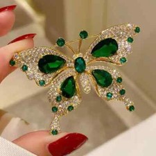 Green Butterfly Brooch Pin Rhinestone Accents Fashion Women Party Gift Golden