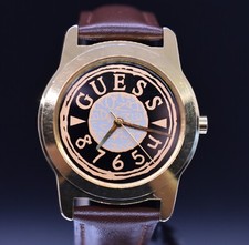 Vtg GUESS 1994 Watch Men Gold Tone Leather NEW BATTERY BAND