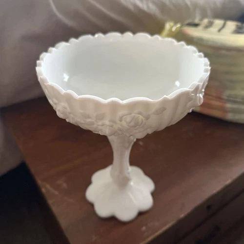Vintage Fenton Cabbage Rose Milk Glass Pedestal Compote Candy Dish