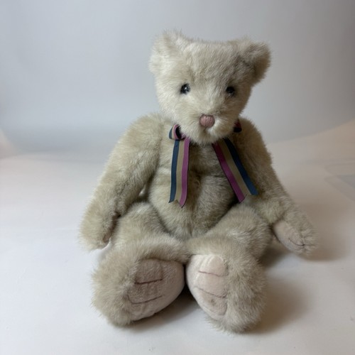 RARE TY Classic Teddy Bear Light Gray Brown with Maroon Navy Striped Bow - Picture 4 of 10