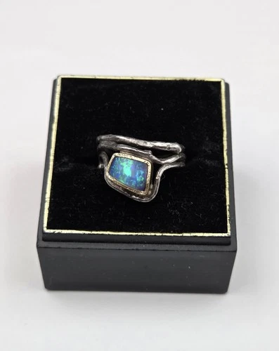 Vintage Brutalist Molten Silver Sterling & 14k Gold Opal Ring Sz3.25
