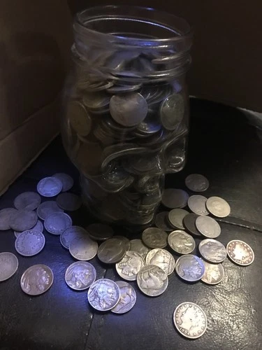 5 Buffalo Nickels All Different Dates from Glass Skull Jar + 5c Liberty V 🦬