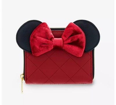 Loungefly Disney Minnie Mouse Burgundy Velvet Bow Mini Zipper Wallet NEW