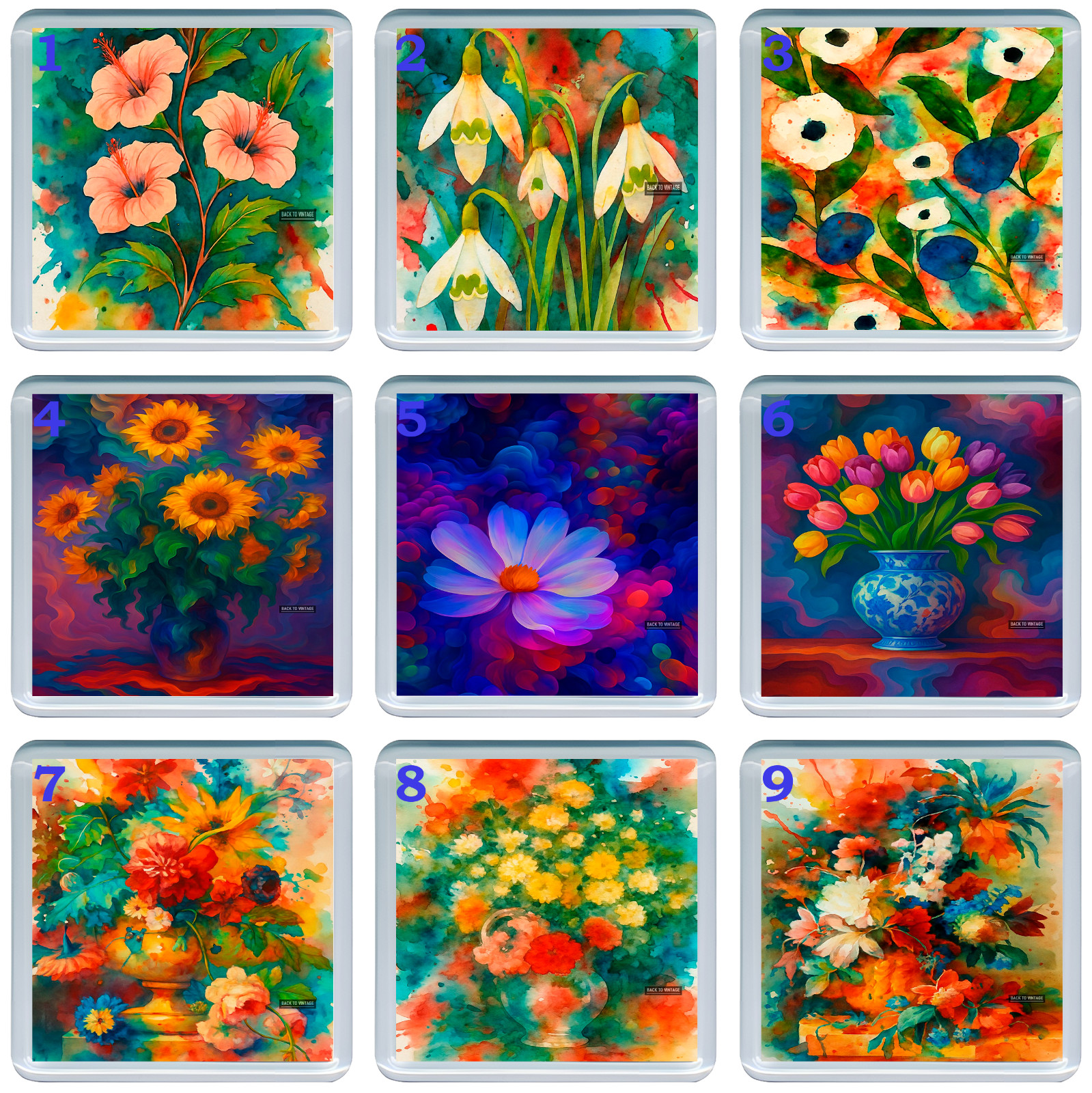 Alfombra de arte floral de acrílico para bebidas con hermosas flores y colores suaves