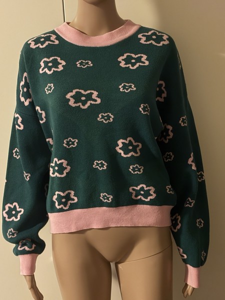 Thing Thing Green & Pink Floral Knit Cotton Crew Neck Pullover Jumper Size 10