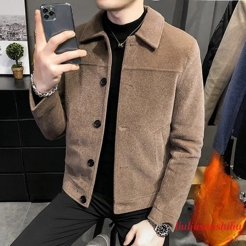 Men's Plaid Jacket Wool Blend Houndstooth Short Coat Lapel Casual Outwear S-5XL