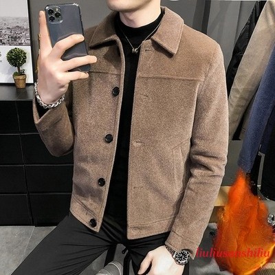Men's Plaid Jacket Wool Blend Houndstooth Short Coat Lapel Casual Outwear S-5XL