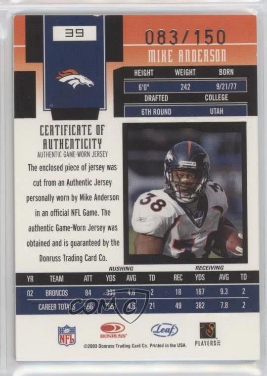 2003 Leaf Certified Materials Mirror Red Materials /150 Mike Anderson #39 - Image 2 of 2